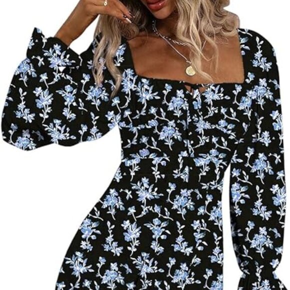 BLENCOT Women's Floral Print Puff Long Sleeve Maxi Dress Sexy Square Neck - Picture 1 of 3